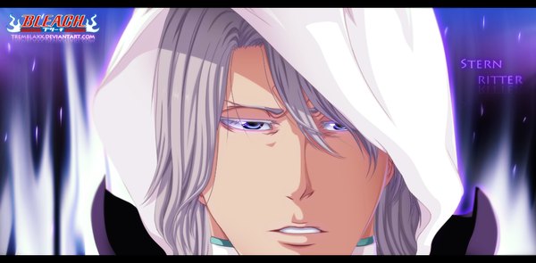 Anime picture 1025x505 with bleach studio pierrot stern ritter tremblax single short hair blue eyes wide image grey hair inscription coloring portrait letterboxed face boy hood