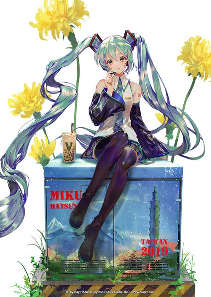 Anime picture 713x1004 with vocaloid hatsune miku expo hatsune miku say hana single tall image looking at viewer white background sitting twintails bare shoulders green eyes full body very long hair aqua hair official art character names 2019 girl flower (flowers)