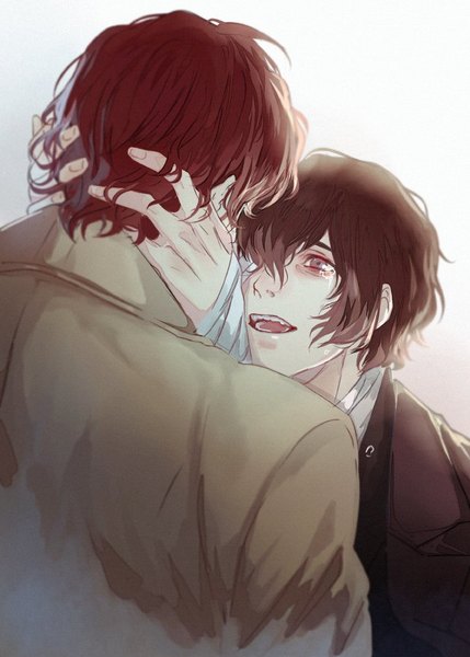 Anime picture 643x900 with bungou stray dogs studio bones dazai osamu (bungou stray dogs) oda sakunosuke saito yukihiro tall image fringe short hair open mouth simple background hair between eyes brown hair white background brown eyes looking away from behind hair over one eye multiple boys couple tears