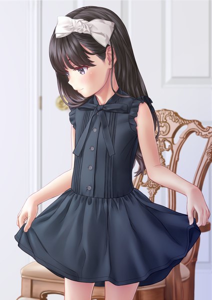 Anime picture 849x1200 with original aoi kumiko single long hair tall image blush fringe black hair smile standing purple eyes bare shoulders looking away indoors blunt bangs light smile sleeveless looking down dress lift girl
