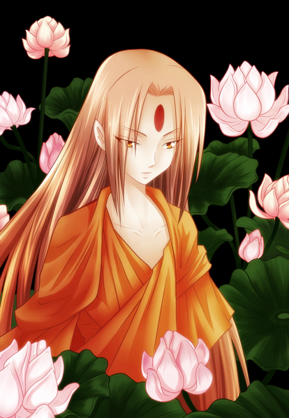 Anime picture 1000x1447 with shaman king xebec saigan sati hao-hime single long hair tall image simple background brown hair traditional clothes japanese clothes orange eyes coloring facial mark black background girl flower (flowers) kimono