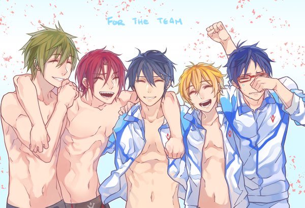 Anime picture 1539x1053 with free! kyoto animation matsuoka rin nanase haruka (free!) tachibana makoto hazuki nagisa ryugazaki rei curryuku short hair open mouth black hair blonde hair smile brown hair blue hair red hair eyes closed multiple boys teeth hug