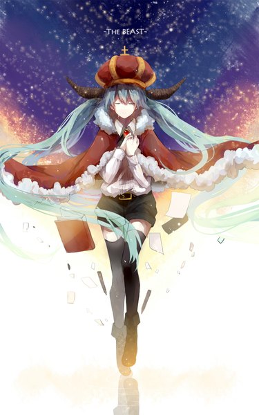 Anime picture 1250x2000 with vocaloid the beast (vocaloid) hatsune miku yoisy single tall image twintails sky full body eyes closed very long hair horn (horns) aqua hair night sky floating hair light girl thighhighs black thighhighs shorts