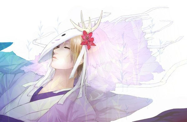 Anime picture 1200x787 with natsume yuujinchou brains base (studio) pixiv natsume takashi sasafuku single short hair blonde hair eyes closed traditional clothes mask on head boy flower (flowers) mask