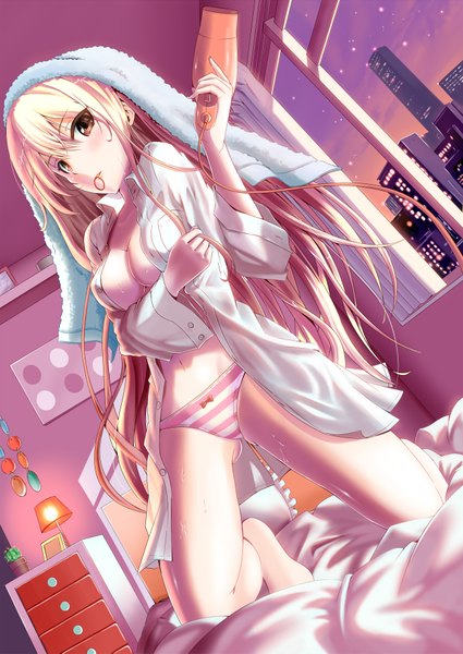 Anime picture 1300x1837 with original saku tall image breasts light erotic blonde hair brown eyes very long hair open clothes open shirt girl underwear panties window towel