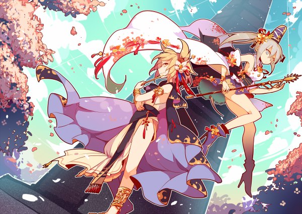 Anime picture 1200x848 with touhou toyosatomimi no miko mononobe no futo yetworldview kaze long hair looking at viewer short hair blonde hair smile multiple girls sky silver hair cloud (clouds) ponytail profile hair flower high heels alternate costume legs cherry blossoms