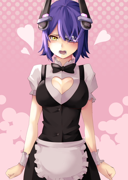 Anime picture 1447x2039 with kantai collection tenryuu light cruiser uramiyuki single tall image blush fringe short hair open mouth hair between eyes purple hair :o alternate costume embarrassed looking down pink background cleavage cutout waitress girl heart