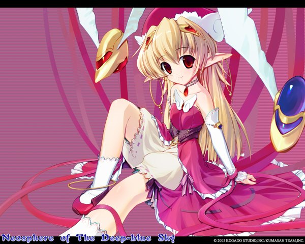 Anime picture 1280x1024 with aoi sora no neosphere deep-blue series elincie yerthrop ein (long cake) single long hair looking at viewer fringe blonde hair red eyes bare shoulders light smile pointy ears elf soft beauty girl dress ribbon (ribbons) hat detached sleeves