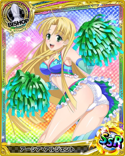 Anime picture 640x800 with highschool dxd asia argento single long hair tall image blush breasts open mouth light erotic blonde hair green eyes card (medium) cheerleader girl skirt underwear panties miniskirt frills white panties