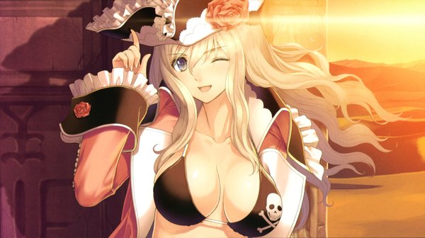 Anime picture 6237x3498 with shining (series) shining ark velvet batrass tony taka single long hair highres breasts open mouth blue eyes light erotic blonde hair smile wide image absurdres one eye closed wink scan girl bikini top
