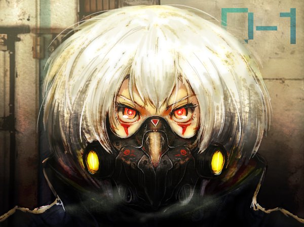 Anime picture 1338x1000 with original maxpower (artist) single looking at viewer short hair red eyes white hair glowing exhalation steam face paint albino girl mask respirator