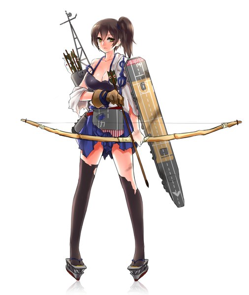 Anime picture 1000x1185 with kantai collection kaga aircraft carrier fuya (tempupupu) single tall image short hair light erotic black hair simple background white background yellow eyes looking away ponytail torn clothes side ponytail girl thighhighs weapon black thighhighs bow (weapon)