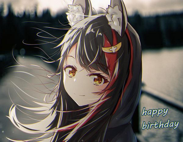 Anime picture 1385x1080 with virtual youtuber hololive ookami mio qiongyouu dayo single long hair looking at viewer fringe black hair smile animal ears yellow eyes upper body multicolored hair blurry two-tone hair depth of field streaked hair turning head happy birthday