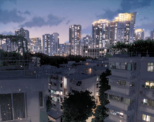 Anime picture 2000x1577 with original selina (artist) highres night night sky city light cityscape no people city lights plant (plants) tree (trees) window building (buildings) house skyscraper