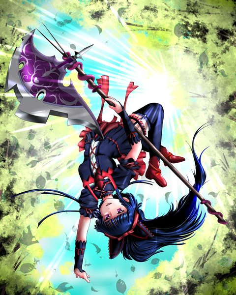 Anime picture 900x1125 with gate - jieitai ka no chi nite kaku tatakaeri a-1 pictures rory mercury suiren (pixiv5765393) single long hair tall image fringe open mouth black hair purple eyes looking away sky bent knee (knees) arm up sunlight happy lolita fashion upside down goth-loli