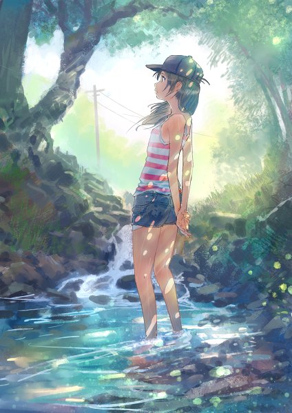 Anime picture 848x1200 with original you shimizu single long hair tall image brown hair looking away profile barefoot bare legs hands behind back river girl plant (plants) tree (trees) water shorts short shorts flat cap