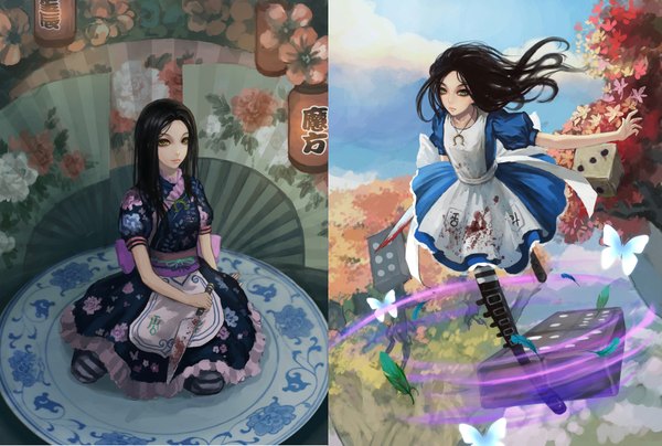 Anime picture 1899x1279 with american mcgee's alice (game) alice: madness returns alice (american mcgee's) gjred long hair highres black hair sitting wind girl flower (flowers) weapon plant (plants) tree (trees) boots insect butterfly blood apron feather (feathers)