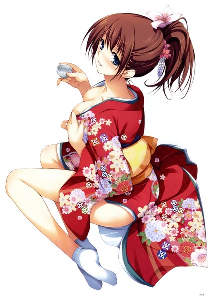 Anime picture 4432x6329 with original tomose shunsaku single long hair tall image looking at viewer blush highres blue eyes light erotic simple background brown hair white background absurdres ponytail traditional clothes japanese clothes hair flower scan girl