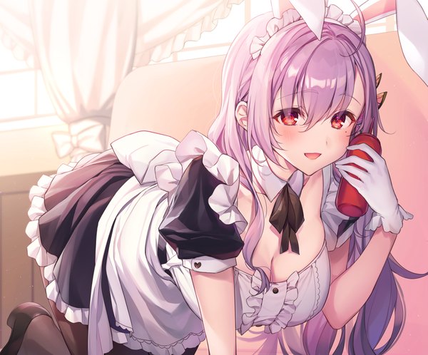 Anime picture 1228x1019 with original komeshiro kasu single long hair looking at viewer blush fringe breasts open mouth light erotic smile hair between eyes red eyes large breasts holding animal ears payot pink hair cleavage ahoge