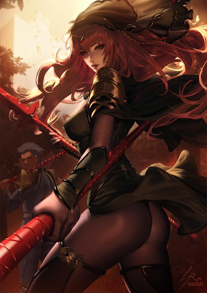 Anime picture 848x1200 with fate (series) fate/grand order scathach (fate) (all) scathach (fate) cu chulainn (fate) raikoart long hair tall image looking at viewer fringe short hair breasts light erotic hair between eyes red eyes large breasts standing holding signed blue hair