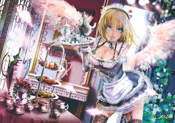 Anime picture 1366x966 with original tes mel single looking at viewer fringe short hair breasts blue eyes light erotic blonde hair large breasts holding cleavage lips maid zettai ryouiki lipstick angel wings glow girl