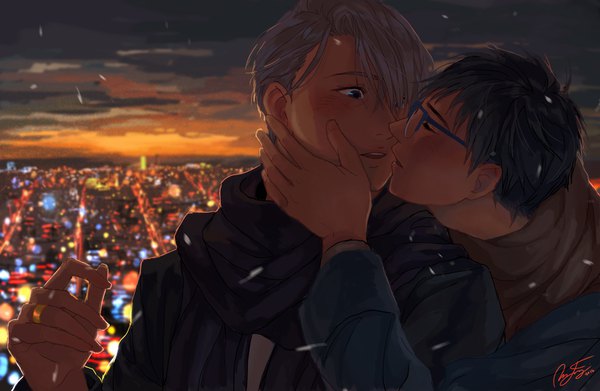 Anime picture 1000x652 with yuri!!! on ice mappa viktor nikiforov katsuki yuuri edenofe blush short hair open mouth blue eyes black hair signed sky upper body eyes closed long sleeves profile grey hair blurry multiple boys hug