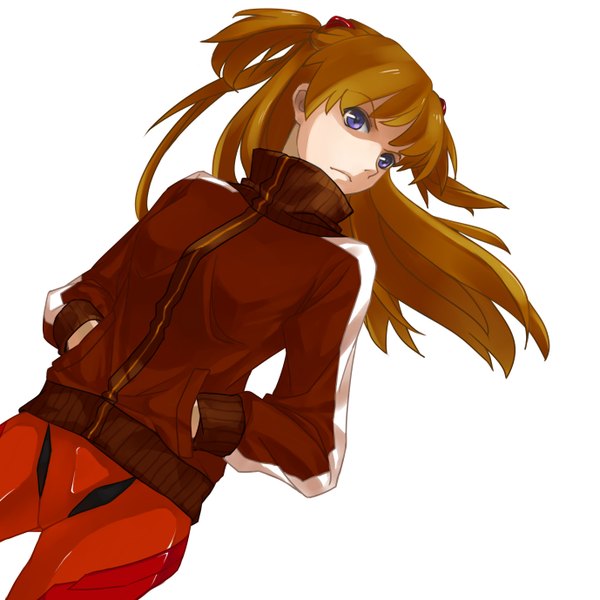 Anime picture 5511x5511 with neon genesis evangelion gainax soryu asuka langley ml1664900 long hair highres blue eyes simple background brown hair white background looking away absurdres hand in pocket hands in pockets girl jacket bodysuit mecha