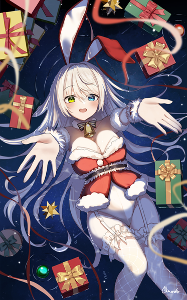 Anime picture 1599x2569 with original amaneko (amaneko y) single long hair tall image looking at viewer fringe breasts open mouth light erotic hair between eyes animal ears cleavage white hair :d bunny ears heterochromia partially submerged fake animal ears christmas