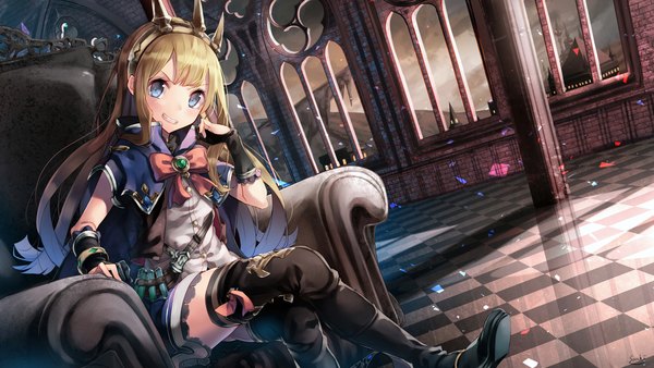 Anime picture 1920x1080 with granblue fantasy cagliostro (granblue fantasy) saraki single long hair looking at viewer fringe highres blue eyes blonde hair smile wide image sitting indoors dutch angle grin crossed legs flat chest checkered floor floor