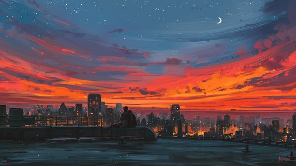 Anime picture 1920x1080 with original aenami highres short hair wide image sitting signed sky night wallpaper night sky couple city evening cityscape scenic crescent red sky girl boy