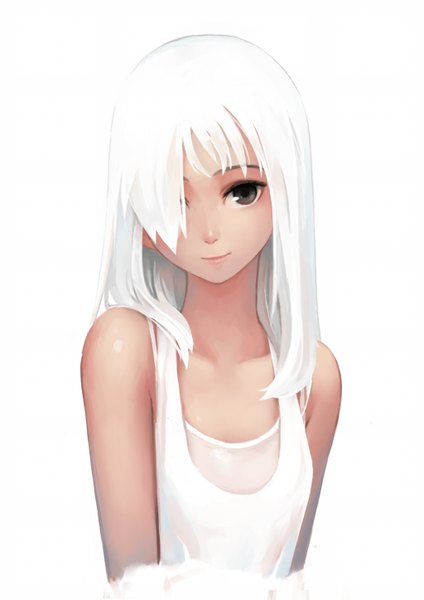 Anime picture 1024x1448 with original oopartz (grooooovy) single long hair tall image looking at viewer fringe simple background smile white background bare shoulders brown eyes white hair hair over one eye girl