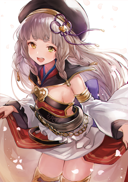 Anime picture 636x900 with granblue fantasy pholia yuzuki karu single long hair tall image looking at viewer blush fringe open mouth simple background smile standing white background green eyes yellow eyes blunt bangs braid (braids) head tilt :d