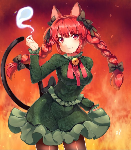Anime picture 1400x1600 with touhou kaenbyou rin papo single long hair tall image looking at viewer blush fringe red eyes signed animal ears red hair tail braid (braids) animal tail cat ears cat girl cat tail twin braids