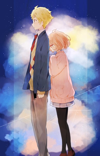 Anime picture 700x1083 with kyoukai no kanata kyoto animation kuriyama mirai kanbara akihito tall image fringe short hair blonde hair brown hair standing yellow eyes profile pleated skirt light smile tears crying girl boy skirt uniform