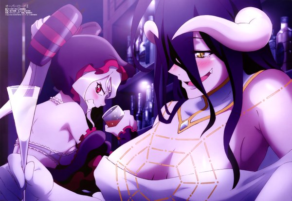 Anime picture 5931x4079 with overlord (maruyama) madhouse megami magazine albedo (overlord) shalltear bloodfallen morishita yuuki long hair blush fringe highres breasts open mouth light erotic black hair smile hair between eyes red eyes large breasts multiple girls yellow eyes