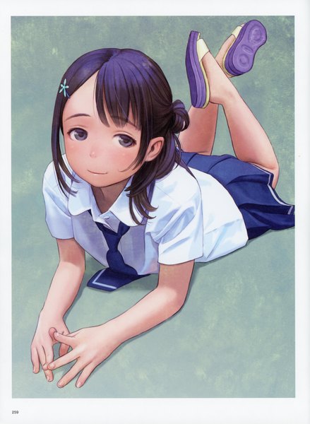 Anime picture 5092x6966 with futurelog (artbook) range murata single tall image looking at viewer highres black hair simple background payot absurdres full body lying pleated skirt fingernails light smile scan arm support short sleeves grey eyes soles