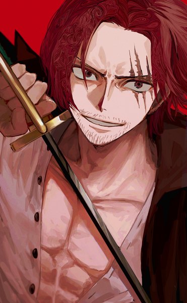 Anime picture 2365x3824 with one piece toei animation shanks yadu nadu single tall image looking at viewer highres simple background smile red eyes upper body red hair grin scar red background boy weapon sword