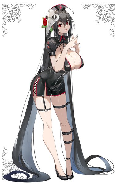 Anime picture 1000x1567 with azur lane taihou (azur lane) luse maonang single tall image looking at viewer fringe breasts open mouth light erotic black hair simple background smile hair between eyes red eyes standing white background twintails payot ahoge