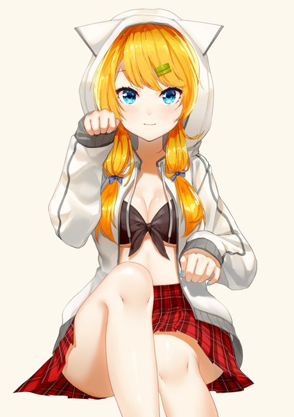 Anime picture 2480x3507 with original illian-san single long hair tall image looking at viewer blush fringe highres breasts blue eyes light erotic simple background blonde hair smile sitting twintails bent knee (knees) nail polish pleated skirt