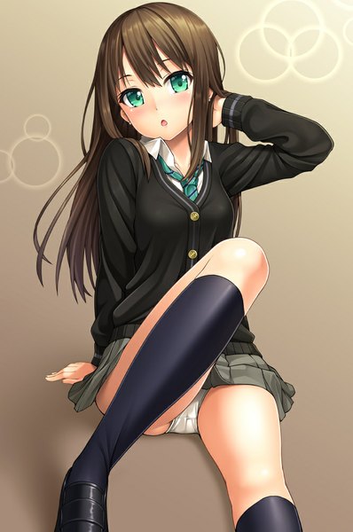 Anime picture 666x1003 with idolmaster idolmaster cinderella girls shibuya rin lambda (kusowarota) single long hair tall image blush open mouth light erotic brown hair green eyes pantyshot girl skirt uniform underwear panties school uniform miniskirt