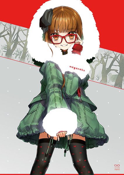 Anime picture 708x1000 with original wada arco single tall image looking at viewer blush fringe short hair smile brown hair brown eyes bare tree girl thighhighs ribbon (ribbons) black thighhighs hair ribbon glasses fur hood