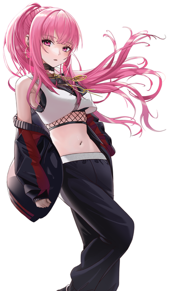 Anime picture 2024x3452 with virtual youtuber hololive hololive english mori calliope mori calliope (streetwear) hallong single long hair tall image looking at viewer blush fringe highres simple background white background bare shoulders pink hair ponytail blunt bangs pink eyes