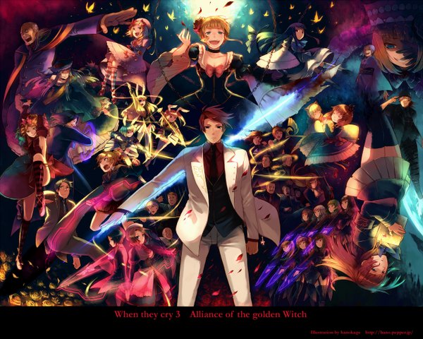 Anime picture 1280x1024 with umineko no naku koro ni beatrice ushiromiya battler ushiromiya ange frederica bernkastel ushiromiya maria lambdadelta virgilia eva beatrice shannon lucifer mammon ushiromiya jessica ushiromiya rosa belphegor kanon (umineko) chiester410 sakutarou (umineko) ronove satan