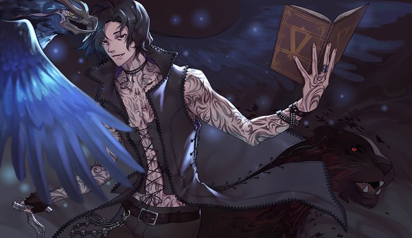Anime picture 1300x752 with devil may cry devil may cry 5 v (devil may cry) griffon (devil may cry 5) shadow (devil may cry 5) yexion123 single short hair black hair wide image holding black eyes tattoo boy animal choker bracelet belt bird (birds) book (books)