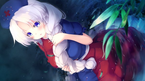 Anime picture 1920x1080 with touhou yagokoro eirin gengetsu chihiro single long hair looking at viewer blush highres breasts open mouth blue eyes wide image large breasts white hair braid (braids) :o dutch angle wallpaper puffy sleeves partially submerged