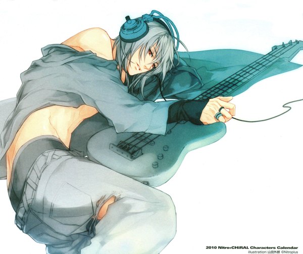 Anime picture 4164x3502 with nitro+chiral naitou-kun yamada uiro highres short hair open mouth light erotic red eyes white background absurdres lying grey hair scan inscription official art boy underwear panties headphones ring
