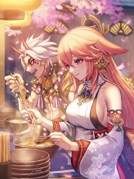 Anime picture 1536x2048 with genshin impact yae miko arataki itto anbe yoshirou long hair tall image fringe breasts hair between eyes red eyes purple eyes animal ears pink hair white hair traditional clothes japanese clothes horn (horns) sweat fox ears sideboob
