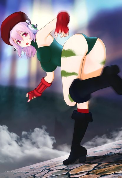 Anime picture 4798x6947 with street fighter nitroplus super sonico tsuji santa single long hair tall image highres open mouth light erotic red eyes pink hair absurdres cosplay girl boots headphones fingerless gloves beret