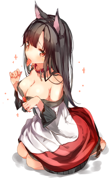 Anime picture 490x800 with touhou imaizumi kagerou yukizumi remon single long hair tall image looking at viewer fringe breasts light erotic black hair simple background red eyes large breasts white background sitting bare shoulders animal ears bent knee (knees) tail
