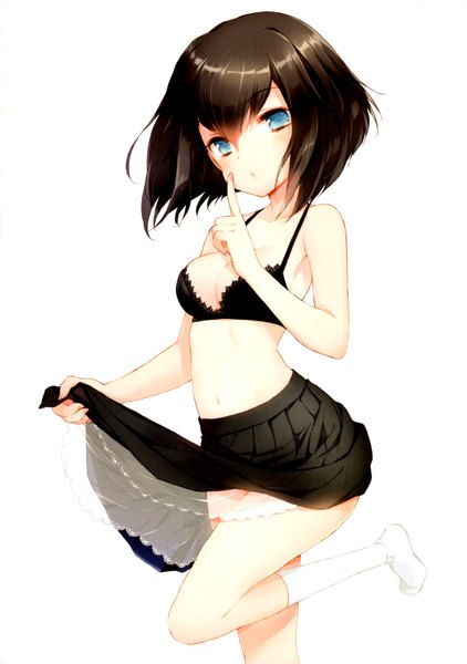 Anime picture 1125x1600 with kono naka ni hitori imouto ga iru! houshou yuzurina cuteg single tall image looking at viewer blush short hair blue eyes light erotic simple background brown hair standing white background bare shoulders pleated skirt barefoot no shoes finger to mouth girl